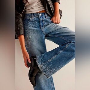 NWT We The Free Tinsley Baggy High Rise Straight Leg Jeans In Rhinstone Cowgirl